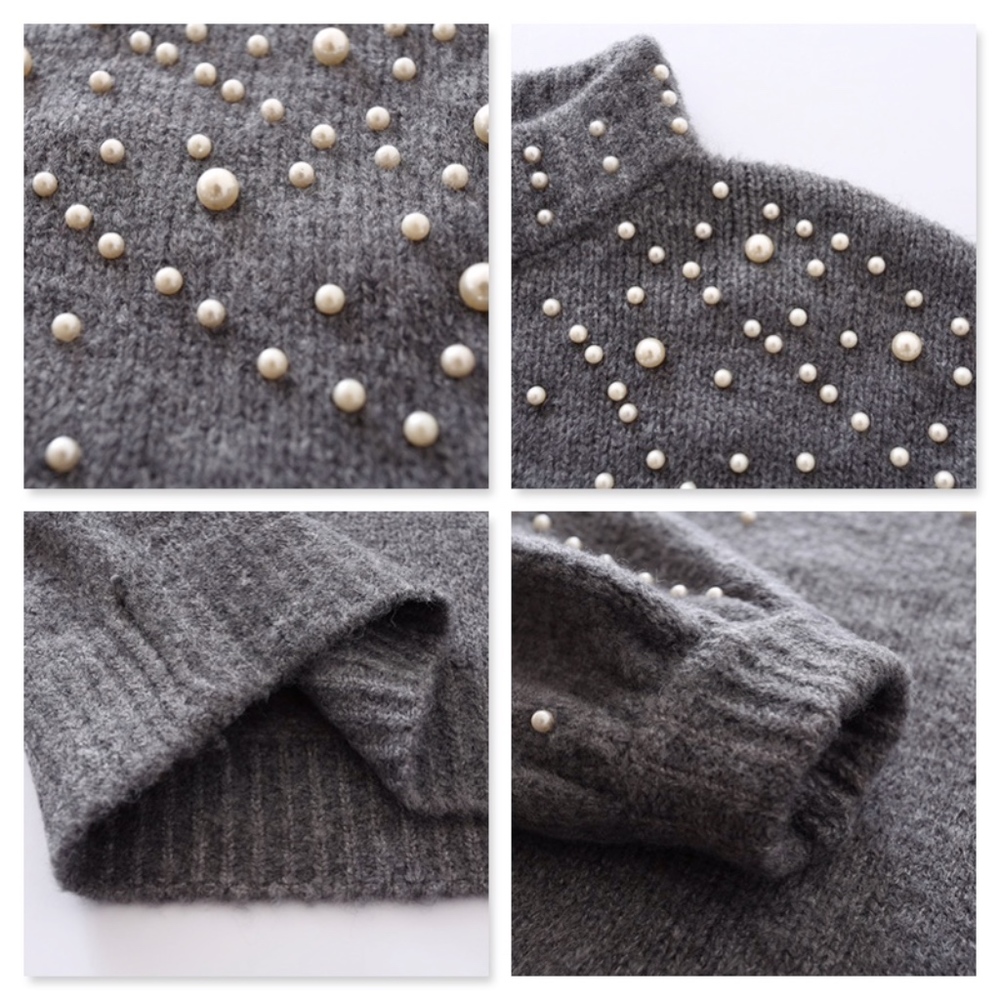 Pearl Beading Lantern Sleeve High Neck Sweater - Picture 7 of 8